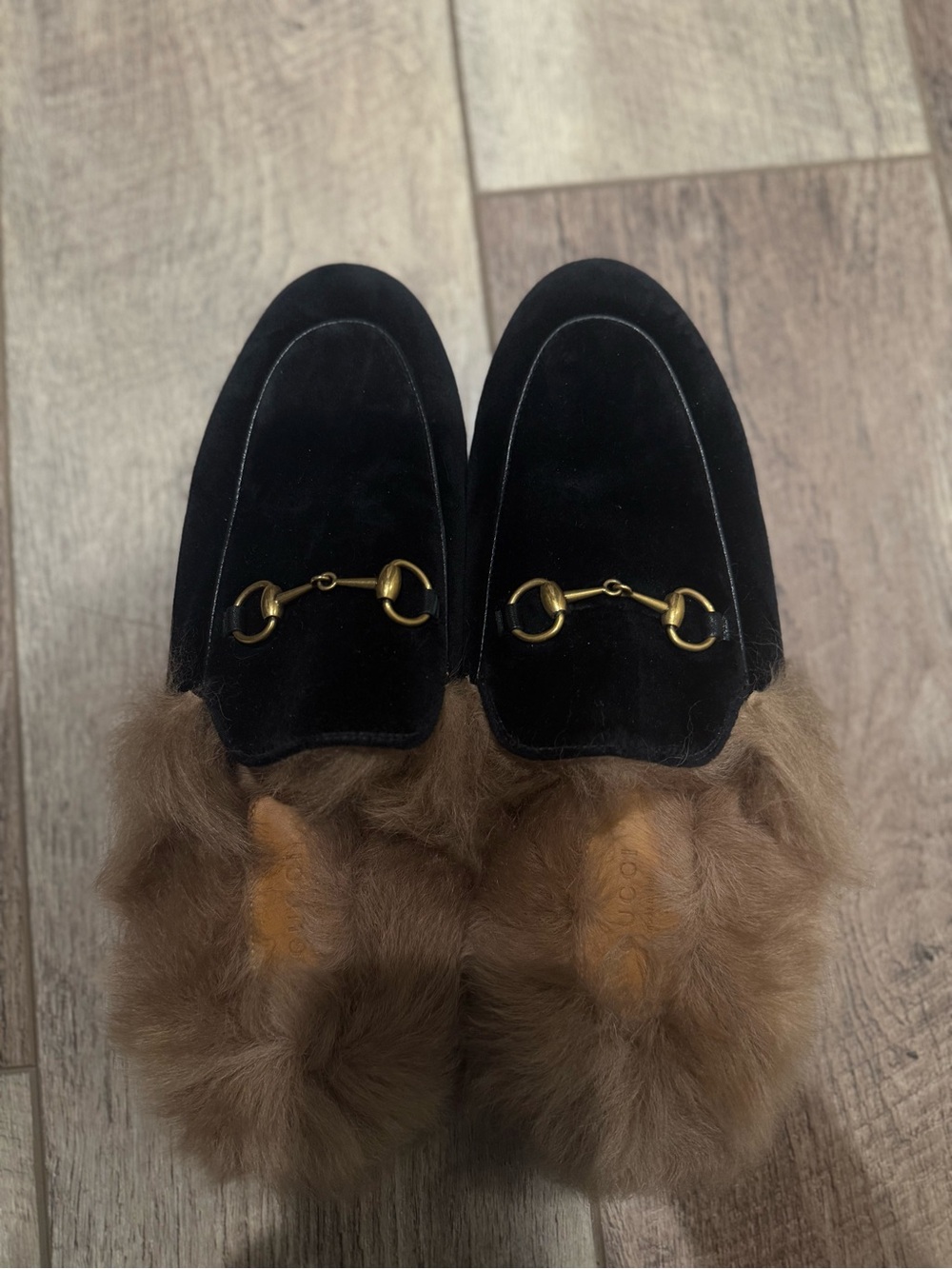 Gucci Princetown Horsebit Black Velvet Fur Lined Mules